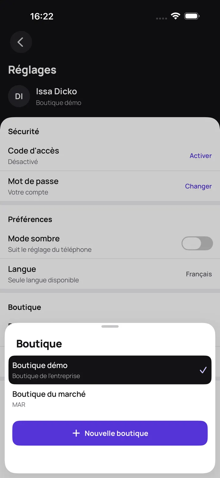 Choix de la boutique dans Tiiga : Boutique démo et Boutique du marché, avec Nouvelle boutique