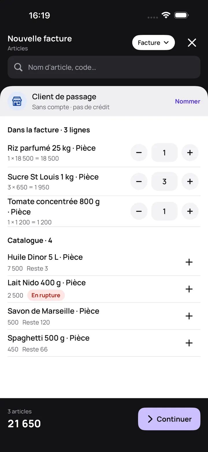 Caisse de Tiiga : trois articles dans la facture pour un total de 21 650