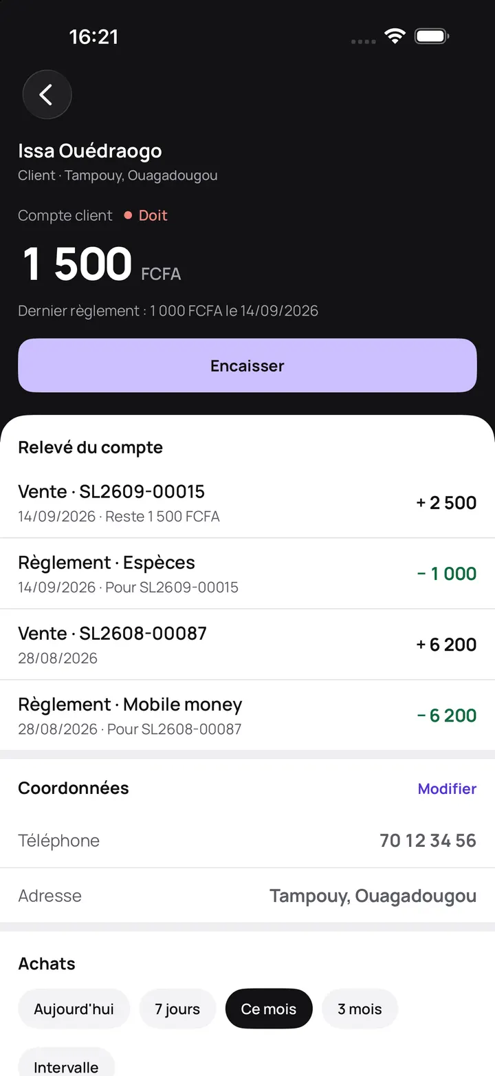 Compte d'un client dans Tiiga : il doit 1 500 FCFA, avec le relevé de ses ventes et règlements