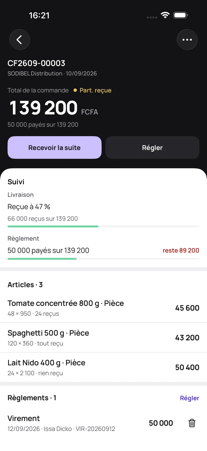 Commande fournisseur dans Tiiga : 139 200 FCFA, reçue à 47 %, 50 000 payés