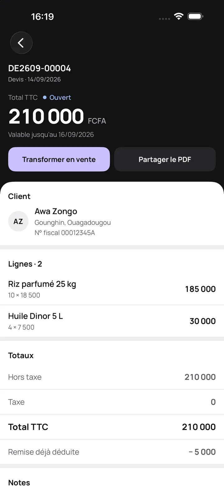Devis dans Tiiga : 210 000 FCFA, avec les boutons Transformer en vente et Partager le PDF