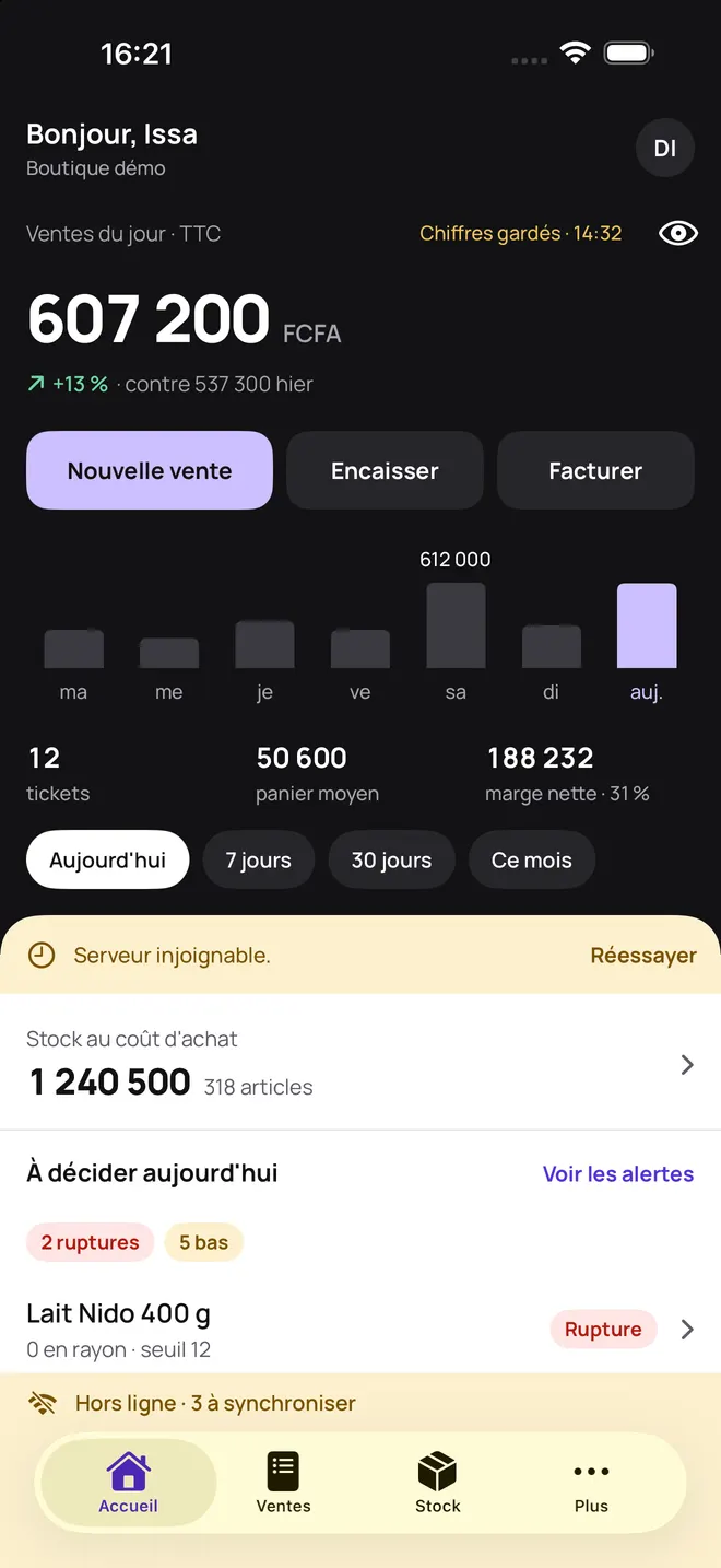 Accueil de Tiiga hors ligne : chiffres gardés à 14 h 32 et trois opérations à synchroniser