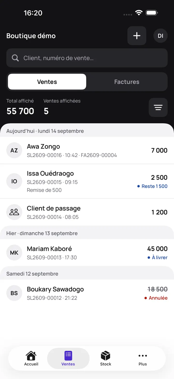 Registre des ventes de Tiiga : cinq ventes avec leurs montants et leurs états