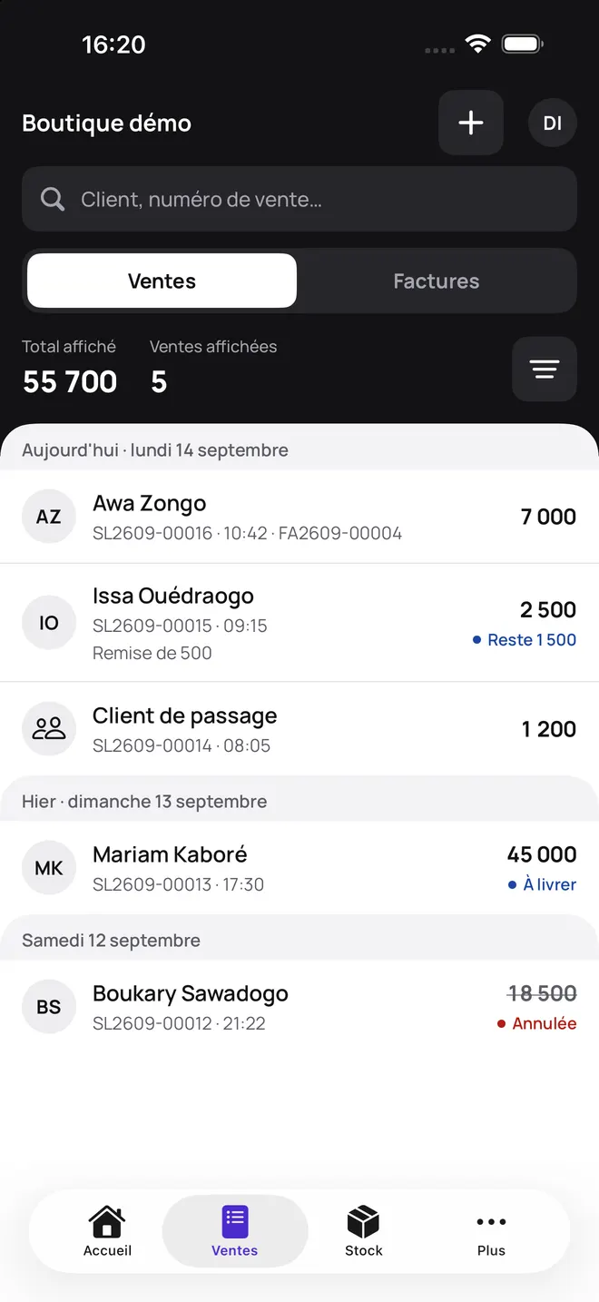 Registre des ventes de Tiiga sur iPhone