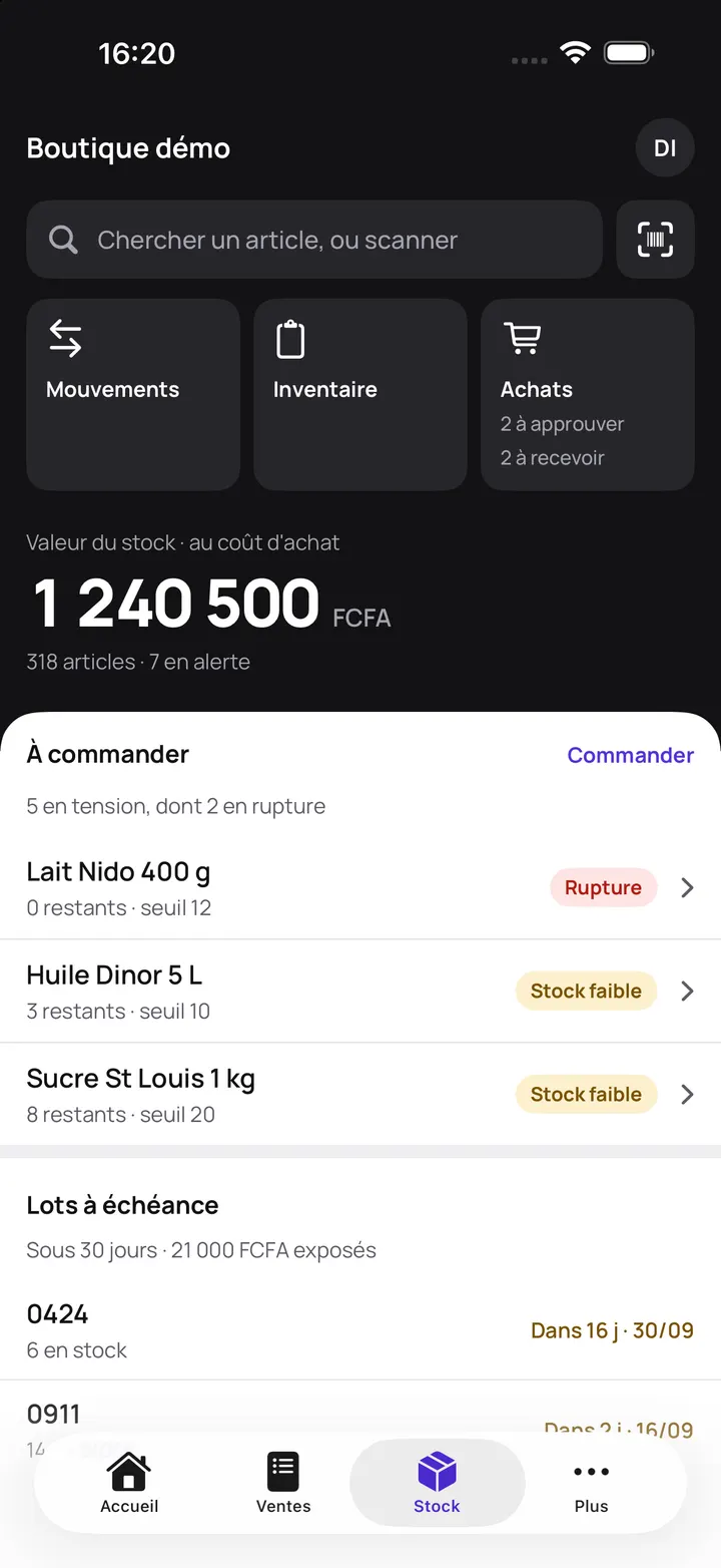 Stock dans Tiiga : valeur 1 240 500 FCFA, articles en rupture ou en stock faible, lots à échéance